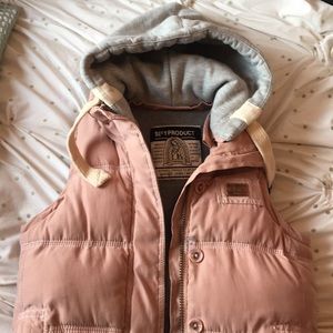 Pink puffer vest with detachable hood